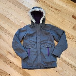 Magellan Outdoors Girl's Hooded Parka Coat Jacket Gray Purple Trim Size L